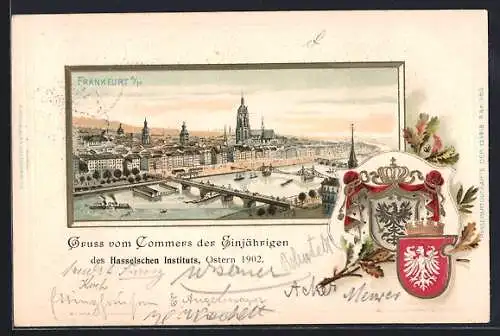 Passepartout-Lithographie Frankfurt /Main, Panorama mit den Mainbrücken, Wappen