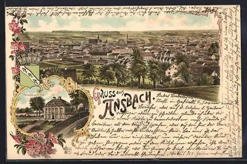 Lithographie Ansbach, Prinzenschloss, Gesamtansicht