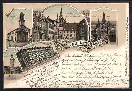 Lithographie Ansbach, Ob. Markt mit Gumbertus Kirche, Die Ludwigskirche, Das Regierungsgebäude