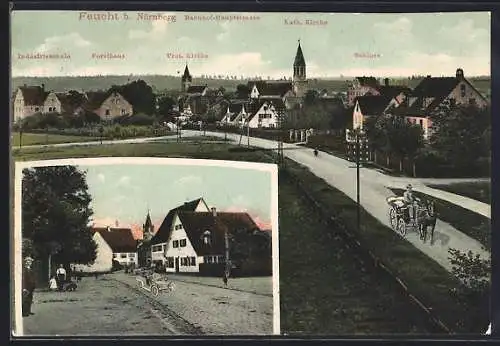 AK Feucht b. Nürnberg, Partie in der Bahnhof-Hauptstrasse mit Blick auf das Schloss, die Kath. Kirche, Industrieschule