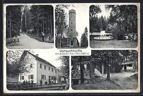 AK Kirchenlamitz, Vorsuchhütte am grossen Kornberg, verschiedene Ansichten mit Turm, Waldweg, Springbrunnen und Hütte