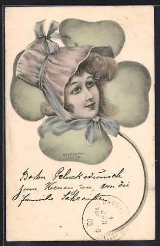 Künstler-AK sign. E. M. Kantner: Dame mit Hut im Kleeblatt
