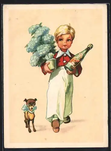 Künstler-AK sign. A. L. Salac: Knabe mit Sektflasche und Hund
