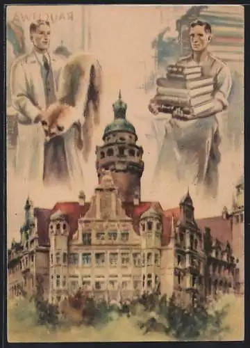 AK Leipzig, Leipziger Messe, Gebäudeansicht, Arbeiter mit Bücher, Gelehrter mit einem Fuchs