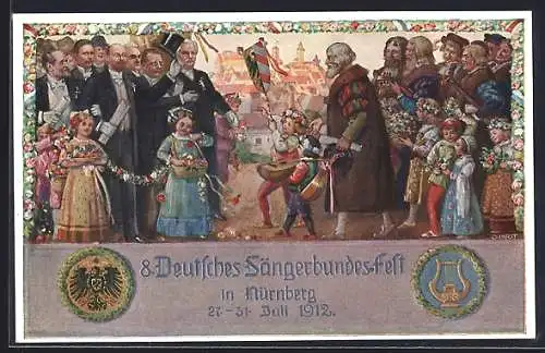 AK Nürnberg, VIII. Deutsches Sängerbundfest 1912, geschmückte Kinder, Harfe, Wappen