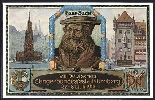AK Nürnberg, VIII. Deutsches Sängerbundfest 1912, Hans Sachs, Harfe