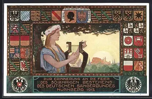 AK Nürnberg, Achtes Deutsches Sängerbundesfest 1912, Frau mit Harfe, Wappen der Teilnehmer
