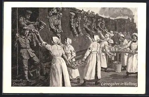 Künstler-AK sign. Strieffler: Liebesgaben im Weltkrieg, Rotkreuzschwestern und Soldaten am Bahnsteig