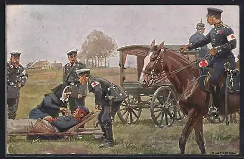 Künstler-AK C. Becker Rot-Kreuz-Sanitäter versorgen einen Verwundeten