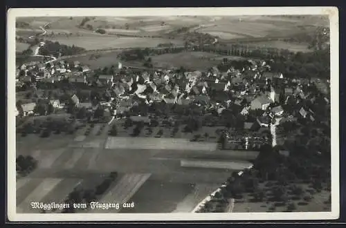 AK Mögglingen, Teilansicht mit Kirche, Fliegeraufnahme