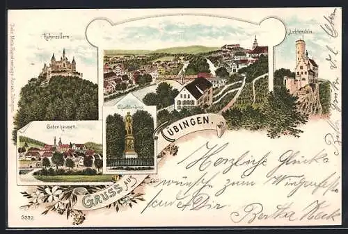 Lithographie Tübingen, Burg Hohenzollern, Bebenhausen, Uhlanddenkmal, Burg Lichtenstein
