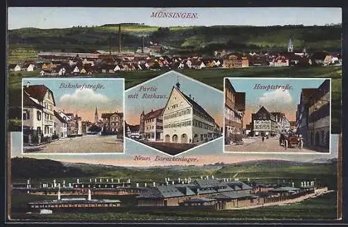 AK Münsingen, Neues Barackenlager, Partie mit Rathaus, Bahnhofstrasse