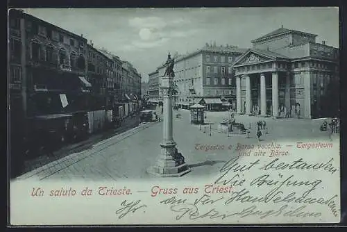 Mondschein-AK Triest, Tergesteum und alte Börse, Pferdebahn