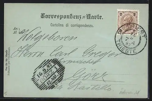 Mondschein-AK Triest, Tergesteum und alte Börse, Pferdebahn