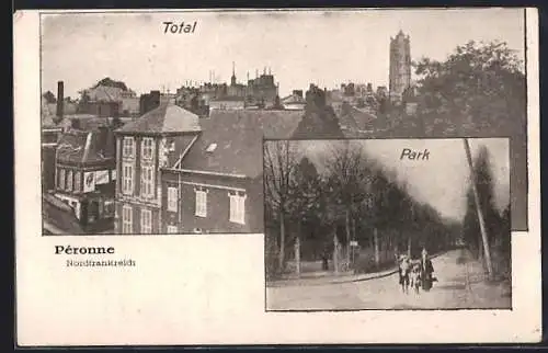 AK Péronne, Totalansicht und Park im Passepartout