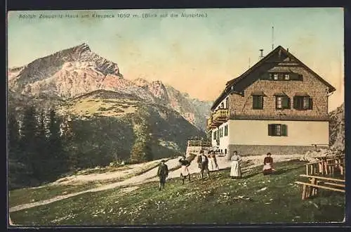 AK Adolph Zoeppritz-Haus, Berghütte am Kreuzeck, Blick auf die Alpspitze