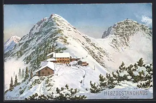 Künstler-AK Rudolf Reschreiter: Berghütte Herzogstandhaus im Schnee
