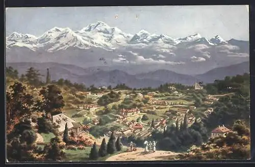 Künstler-AK Friedrich Perlberg: Darjeeling, Panorama mit Himalaja