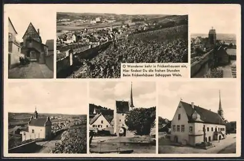 AK Frickenhausen a. M., Generalansicht von Weinbergen aus, Pferdekarren vor dem Tor, an der Burg, Platzpartie mit Turm