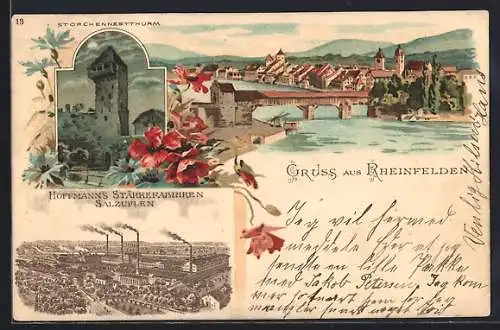 Lithographie Rheinfelden, Hoffmann`s Stärkefabriken Salzuflen, Turm, Teilansicht mit Brücke