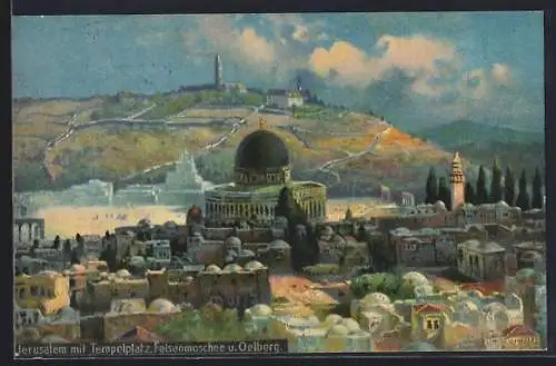 AK Jerusalem, Ortsansicht mit Tempelplatz, Felschenmoschee und Ölberg