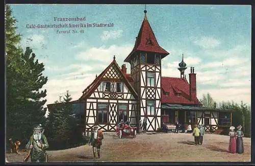 AK Franzensbad, Café Gasthaus Amerika im Stadtwald, Förster mit Hund