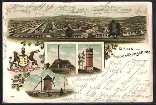 Lithographie Münsingen, Windmühle, Beobachtungsstation, Barackenanlage, Wappen