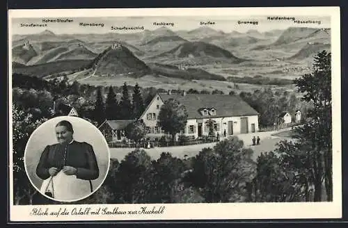 AK Donzdorf, Blick auf die Ostalb mit Gasthaus zur Kuckalb