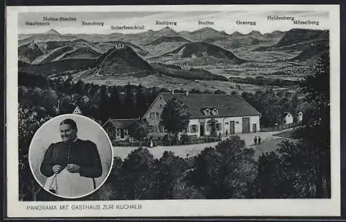 AK Donzdorf, Panorama mit Gasthaus zur Kuchalb, mit Hohen-Staufen und Heldenberg
