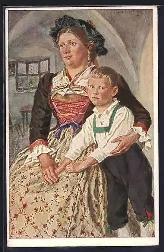 Künstler-AK Passeier /Tirol, Wirtin in Tracht mit Jungen