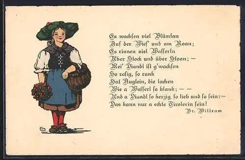 AK Junge Frau in Tiroler Tracht mit Korb