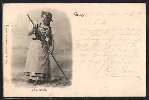 AK Zillerthalerin in Tiroler Tracht mit Stock