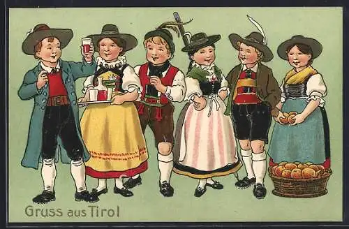 AK Tirol, Gruppe in Tiroler Trachten mit Wein und Äpfeln
