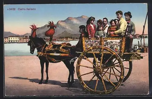 AK Italienische Tracht, Carro italiano, Familie auf geschmückter Pferdekutsche