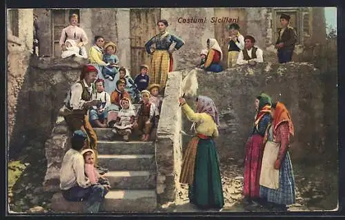 AK Costume Siciliani, italienische Anwohner vor dem Haus
