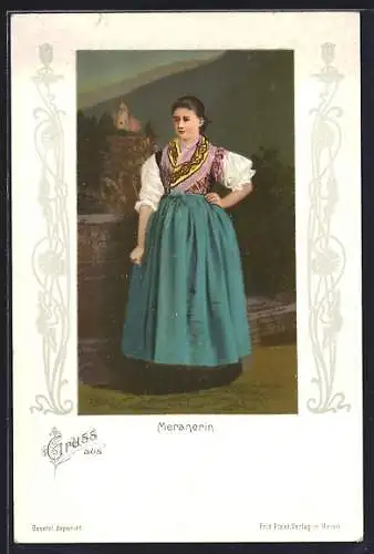 AK Meranerin im Trachtenkleid vor dem Schlosse stehend