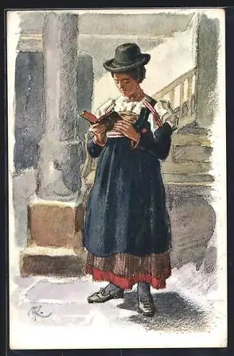 Künstler-AK Italiani del Trentino, Italienerin mit einem Buch