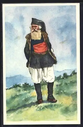 Künstler-AK Dorgali, Costumi Sardi, Vecchio mandriano, Älterer Italiener in Tracht