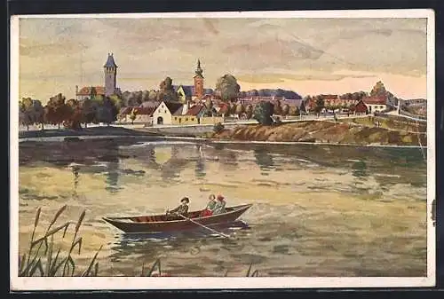 AK Allentsteig, Blick zum Ort, Leute im Ruderboot