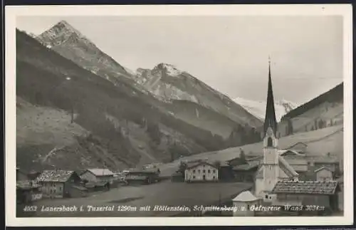AK Lanersbach i. Tuxertal, Ortsansicht mit Kirche, Höllenstein, Schmittenberg und Gefrorener Wand