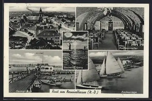 AK Rust, Gasthaus Rathauskeller, Innenansicht, Badeanlage, Ortsansicht, Segelboote