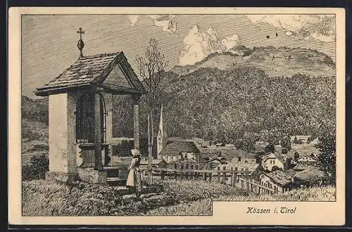 AK Kössen, Teilansicht mit Kapelle und Kirche