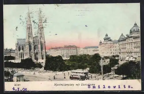 AK Wien, Maximilianplatz mit Votivkirche, Strassenbahn