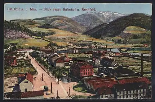 AK Bruck a. d. Mur, Blick gegen den Bahnhof und Rennfeld