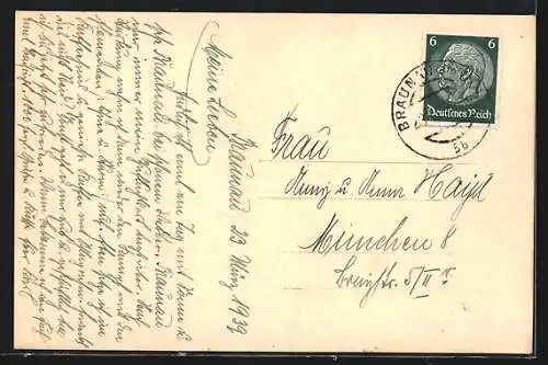 AK Braunau, Ortspartie mit Warengeschäften und Brunnen