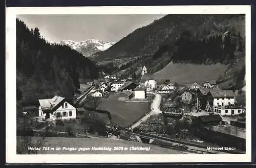 AK Hüttau, Ort mit Holzlager an den Eisenbahn-Anlagen und am Fluss-Ufer