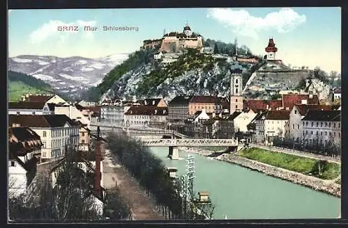AK Graz /Mur, Flusspartie mit Schlossberg