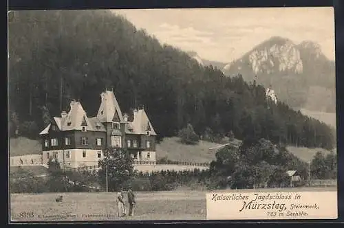 AK Mürzsteg, Kaiserliches Jagdschloss, Leute auf der Wiese