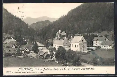 AK Mürzsteg, Ortsansicht mit dem Kaiserl. Jagdschloss