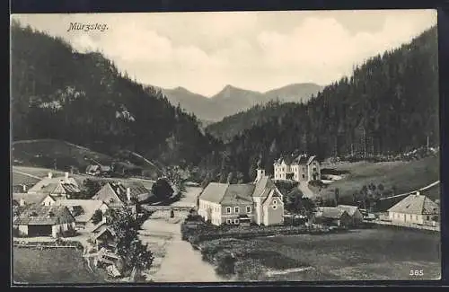 AK Mürzsteg, Ortsansicht mit Wald- und Bergpanorama